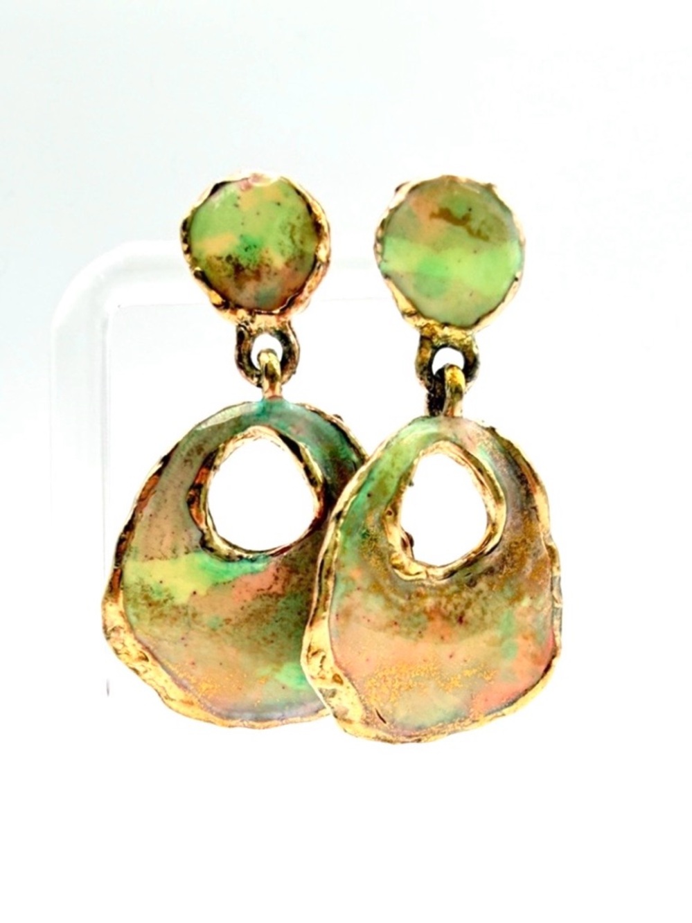 Vintage Iridescent Enamel Organic Drop Statement Earrings Gold Tone